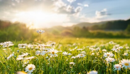 beautiful spring summer natural pastoral landscape with flowering field of daisies in grass in rays of sunlight