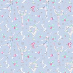 Winter skating rink watercolor seamless pattern. Figure skating. Winter sport. Figure skaters. Christmas, New Year, winter. Delicate colors. For printing on wrapping paper, fabric, textile.