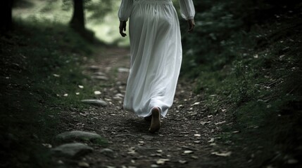 Creepy Forrest. Female Ghost Walks Barefoot in White Dress, Surrounded by Darkness