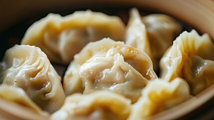 A close-up of traditional Chinese dumplings, with tender fillings and delicate wrappers.