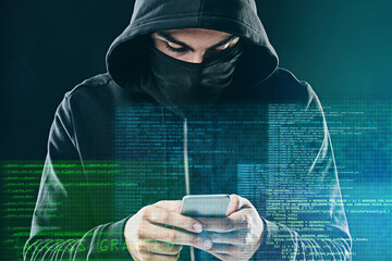 Smartphone, cyber security and hacker, internet web technology and man for online cybercrime. Data protection, secured website access, person with hoodie coding and programming virus in system