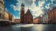 Krakow Market Square Panoramic. St. Mary's Church in the Historical Heart of Krakau