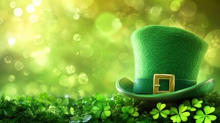 A Vibrant Green Hat Adorned with Shamrocks and Bokeh Light