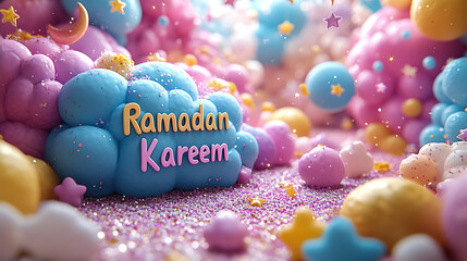 Colorful 3D render of the words 'Ramadan Kareem' on a cloud in a whimsical background of stars, clouds and glitter.