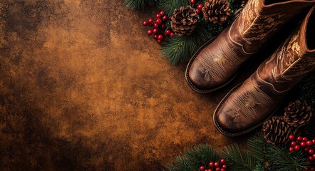 Christmas Cowboy Boots: Holiday Tradition with Rustic Brown Texture, Western Vibes