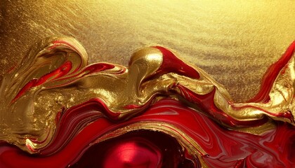 gold and red metallic paint are mixing on a textured surface creating an abstract design full of rich colors and textures