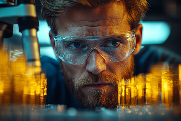 Poster - An engineer testing a new material in a lab, noting its properties. Concept of material science and innovation.