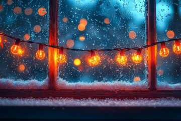 Sticker - A string of colorful Christmas lights illuminating a frosty window, creating a warm glow inside. Concept of holiday decor and winter nights.