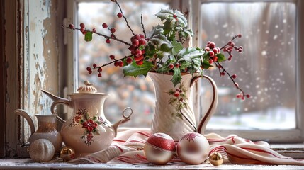 Wall Mural - Still life for a greeting card: a vase of fir branches with Christmas decorations on a window, bathed in soft light.