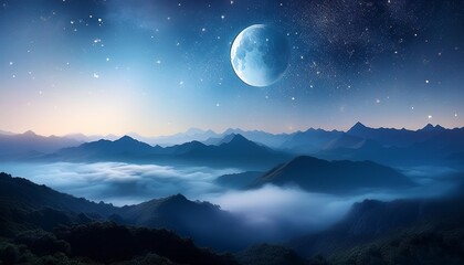 Wall Mural - dreamscapes the night star nebulae month and moon mountains fog unreal fantasy world