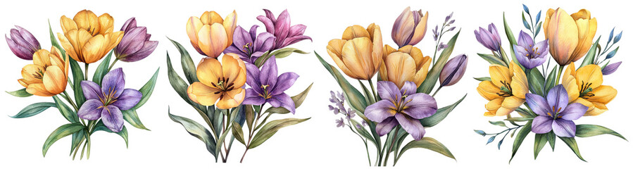 watercolor illustrations of floral bouquets featuring yellow tulips and purple flowers, capturing a fresh and vibrant spring theme transparent isolated PNG