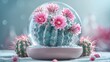 © Neuraldesign - Transparent snow globe enclosing a cactus with blossoms and green thorns.