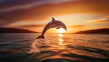 Wall Mural - an artwork of dolphin leaping at sunset in the ocean