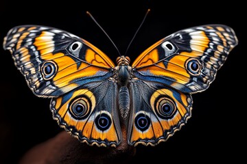 Butterfly with intricate wing patterns, captured in a close-up photo that highlights the detailed textures and symmetry of the wings