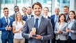 © Sirinporn - Smiling businessman standing out from a crowd of employees, receiving a award or recognition for his outstanding performance and contributions to the company.