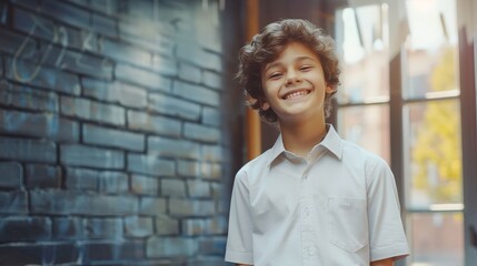 Joyful school tenager student stay near blackboard