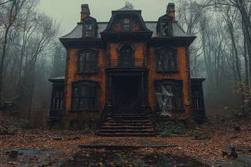 Wall Mural - a haunted house with broken windows and cobwebs, surrounded by leafless trees. concept of eerie loca