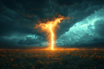 Wall Mural - A dramatic thunderstorm over a vast plain, with lightning splitting the sky. Concept of Earth's weather extremes and natural forces.