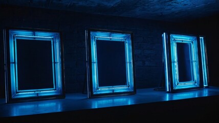 Three empty blue neon frames glowing in dark interior