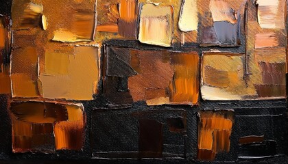 closeup of abstract rough black brown bronze golden orange art painting in squares with oil brushstroke pallet knife painting texture