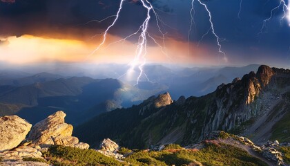 Wall Mural - lightning over mountain peaks illuminated by lightning dramatic interaction of light and shadow rugged terrain powerful natural display