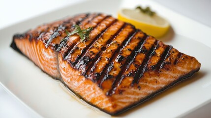 Wall Mural - Grilled Salmon Fillet with Lemon Wedge