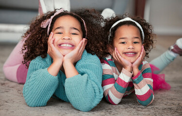 Poster - Portrait, home and sisters in lounge, smile and relax with comfort, bonding together and calm. Face, apartment and girls with break, care and happiness with love, positive mindset and children