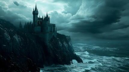 Wall Mural - Dark castle perched on a cliff stormy ocean gothic high contrast moody dramatic deep shadows intricately detailed 3D architecture