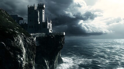 Wall Mural - Dark gothic castle perched on cliff high contrast stormy ocean moody dramatic deep shadows intricately detailed 3D architecture