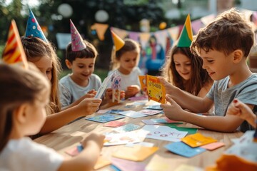 Children gather around a table for a colorful birthday celebration. They create beautiful crafts with paper and smiles. A joyful moment captured in vibrant colors. Generative AI