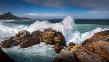 Wall Mural - water crashing against rocks walker bay western cape south africa