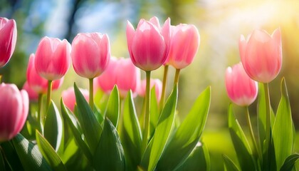 Wall Mural - tulips are pink against a background of greenery on a clear sunny day plants flora agriculture landscaping ecology