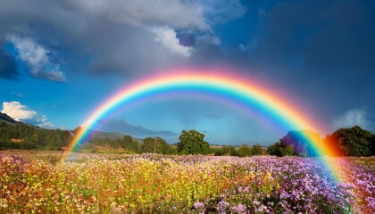 Canvas Print - a bright rainbow arcs down into a field of blooming flowers giving the impression of a mythical pot of gold wide format