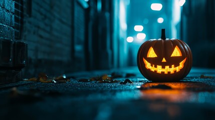 A glowing Jack-o'-lantern rests in an eerie alley, casting shadows and creating a festive Halloween atmosphere at night.