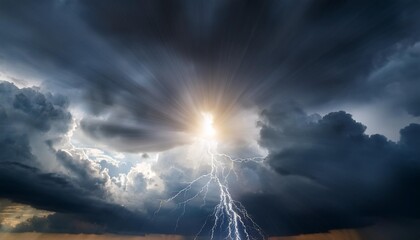 Wall Mural - dramatic stormy sky with dark clouds and lightning sun peeking through weather background