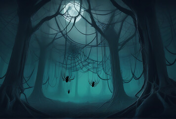 Wall Mural - spooky forest twisted trees hanging spider webs