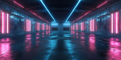 Wall Mural - Sci Fi HDRI. Futuristic Neon Lights Interior with Cyber Garage Room Hangar in Blue and Pink