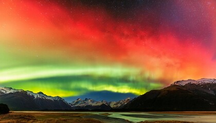 Wall Mural - aurora new zealand colorful red yellow green aurora lights aurora australis new zealand southern lights over mountains new zealand landscape background banner