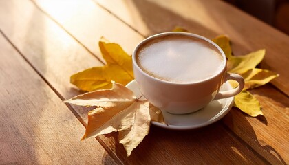 Wall Mural - warm cup of latte on wooden table with autumn leaves cozy and relaxing morning scene in soft light