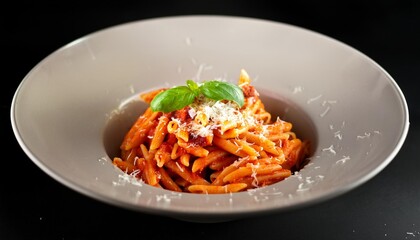 Poster - food styling photography a bowl of freshly made pasta with rich tomato sauce and parmesan cheese black background using natural light to high