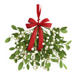 © mashimara - Watercolor mistletoe bouquet with green leaves, red berries, and red ribbon, isolated on white background. Ideal for Christmas decorations and greeting cards.