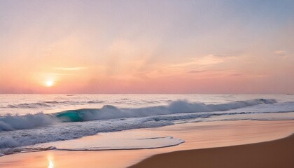 Wall Mural - serene beach sunrise digital art with gentle waves and soft pastel colors for tranquil coastal scenes and landscapes in contemporary design