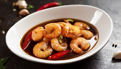 Poster - pickled shrimp in soy sauce chilli and garlic on stone background