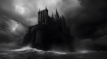 Wall Mural - Stormy ocean dark gothic castle perched on cliff moody dramatic deep shadows high contrast intricately detailed 3D architecture