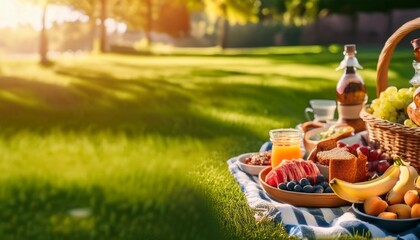 international picnic day banner featuring delicious spread on green grass for outdoor gathering