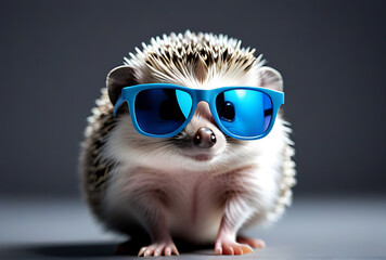 cartoon image baby hedgehog wearing blue plastic sunglasses solid grey background