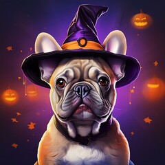 Wall Mural - Adorable French Bulldog wearing a witch hat