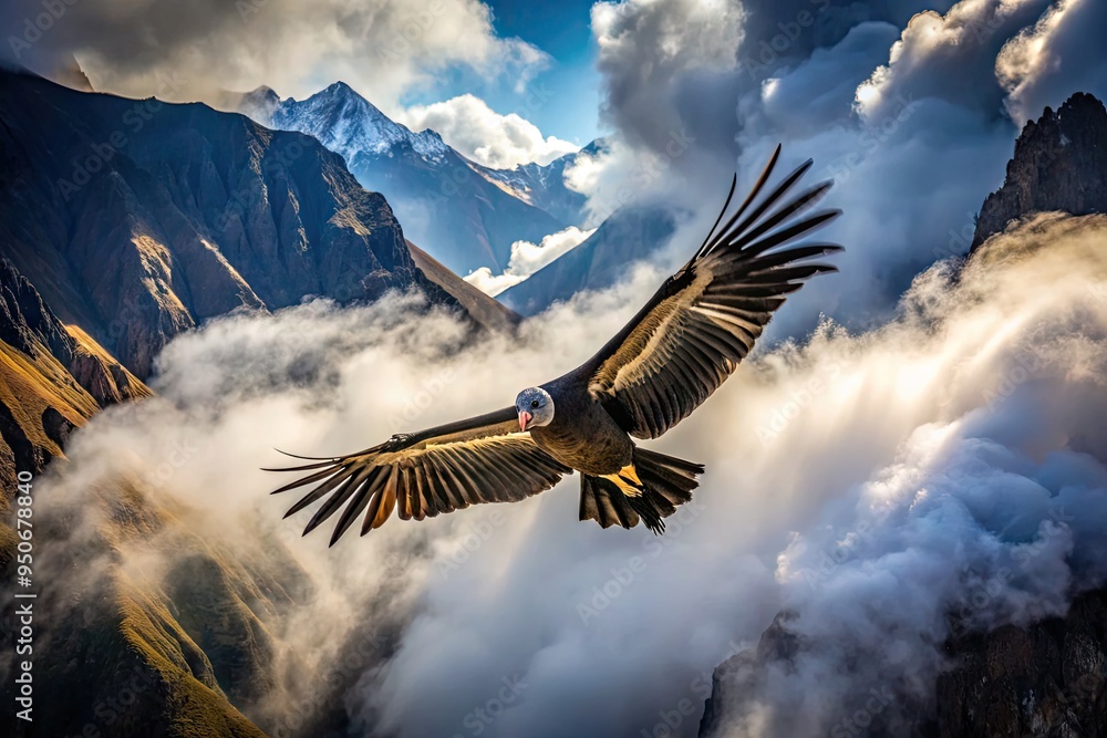 Majestic Andean condor soars through misty cloud-filled skies, its ...