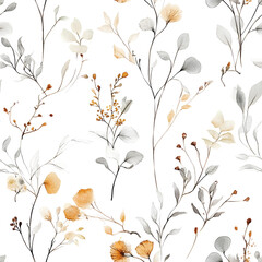 Wall Mural - Seamless watercolor floral pattern - autumn fall dried dull flower elements, leaves branches on white background. Wrappers, wallpapers, postcards, greeting cards, wedding invites. Yellow white silver.