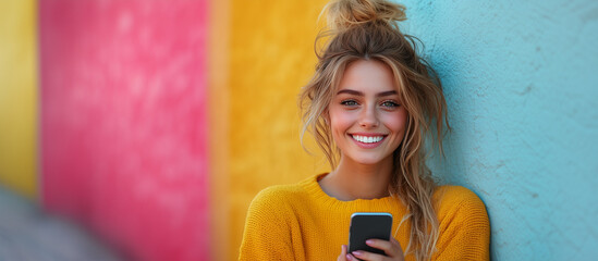 Beautiful teenager girl smiling holding her phone; copy space on the left